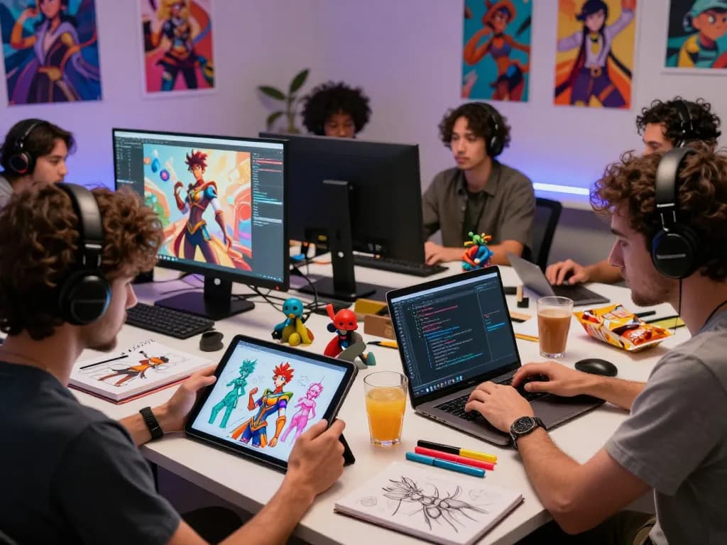 Creative scene showcasing artists working on innovative ai nsfw projects, featuring digital artwork and collaborative environment.