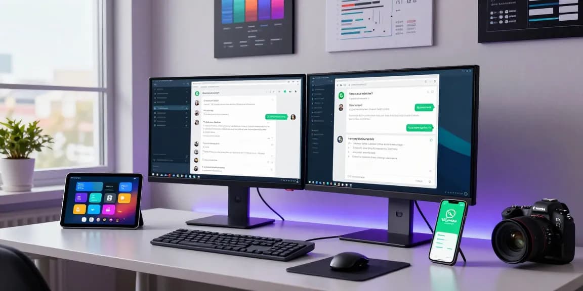 Using WhatsApp電腦版 in a modern tech workspace with dual monitors.