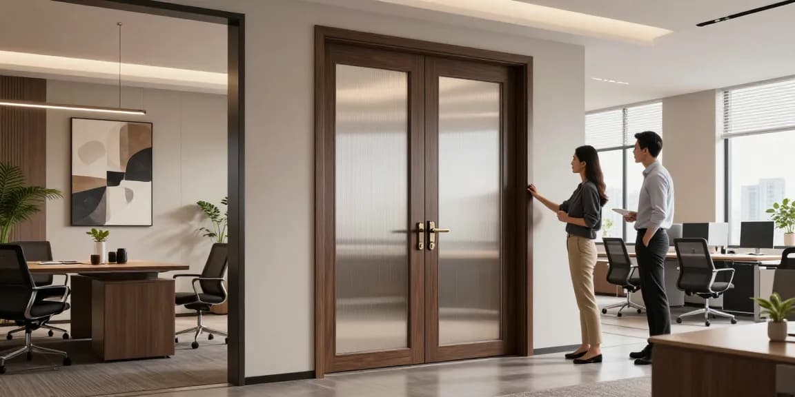 Elegant single leaf double swing door enhancing modern office design with stylish decor elements.