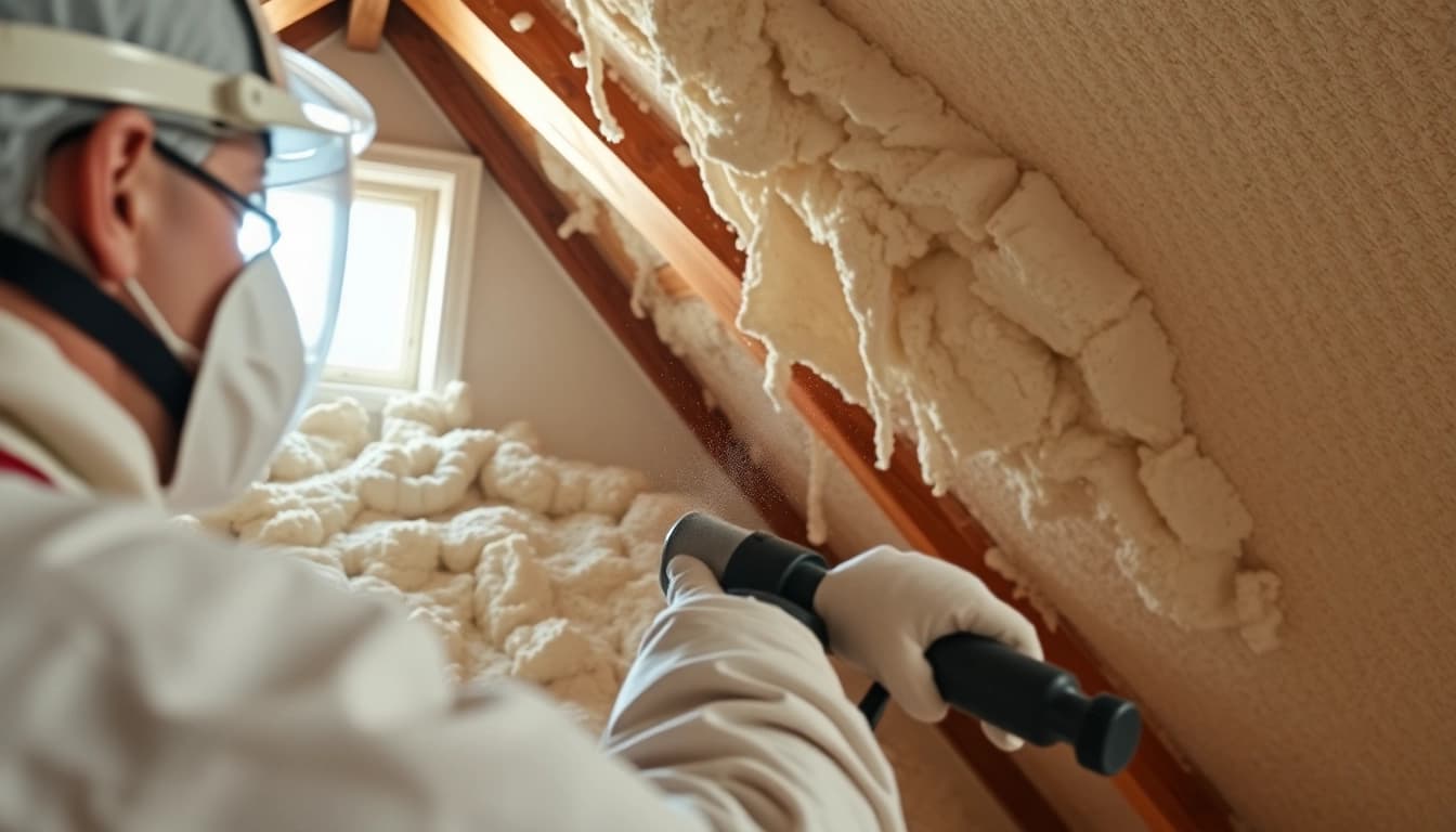 Engaging scene of roof spray foam insulation removal showcasing a technician in action.