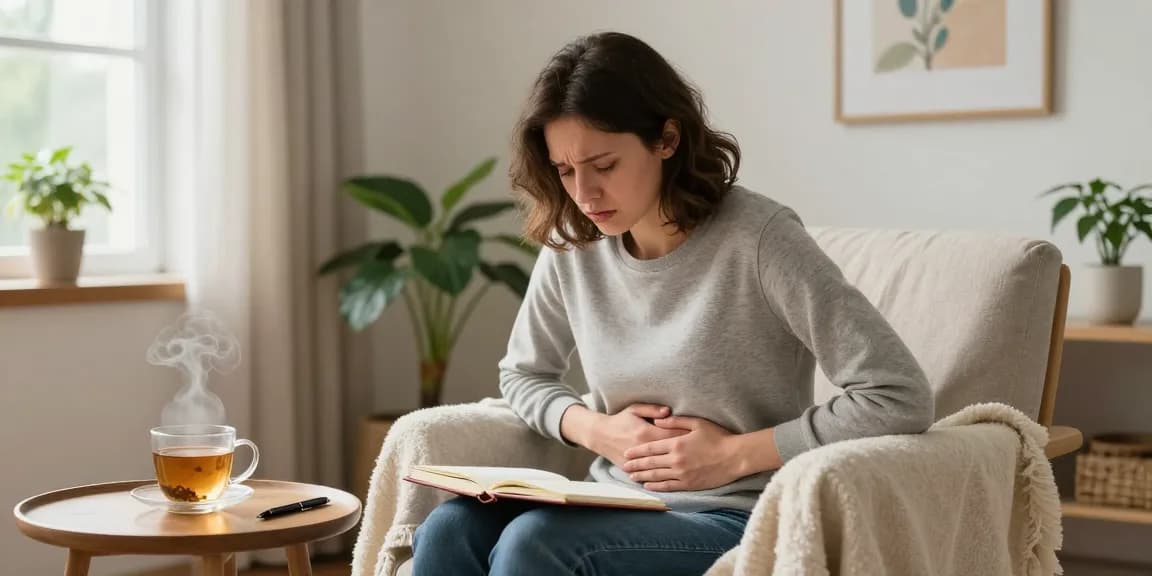 An individual experiencing what does anxiety stomach pain feel like, seated comfortably, holding their stomach in a cozy, calming living space.