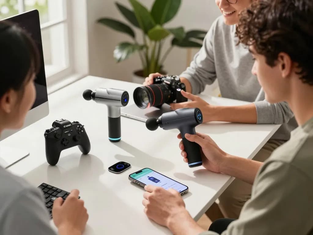 Innovative tech gadgets showcased in a modern workspace with professionals collaborating effectively.