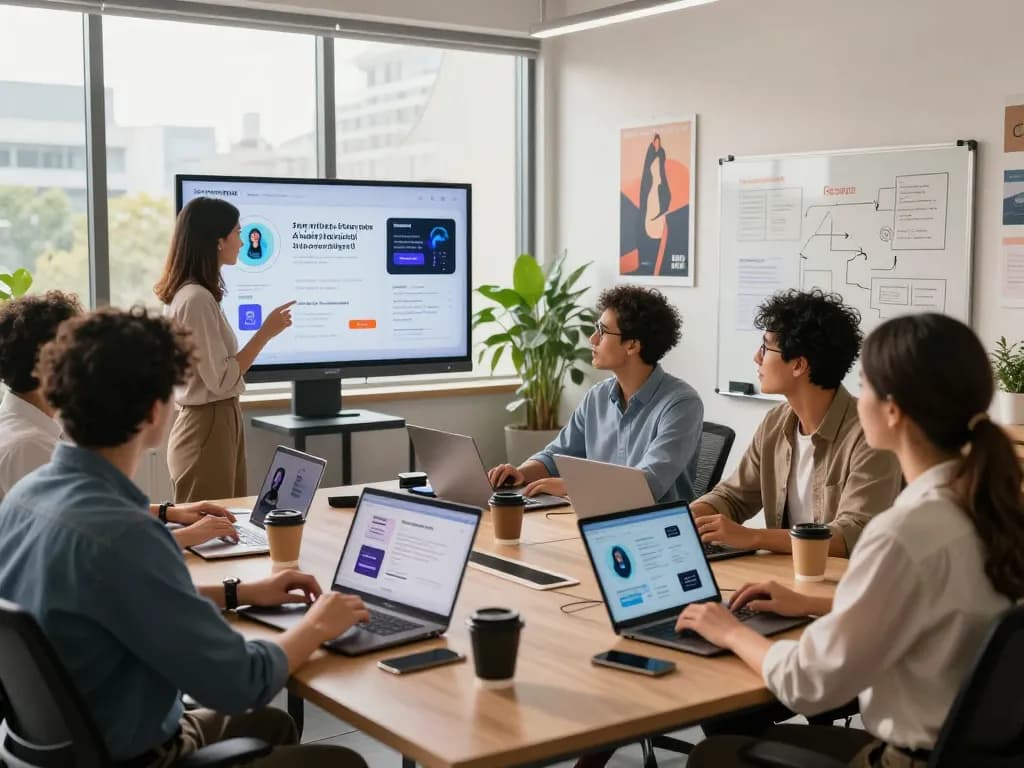 Professionals collaborating in a tech workspace discussing sex AI applications, showcasing diversity and innovation.