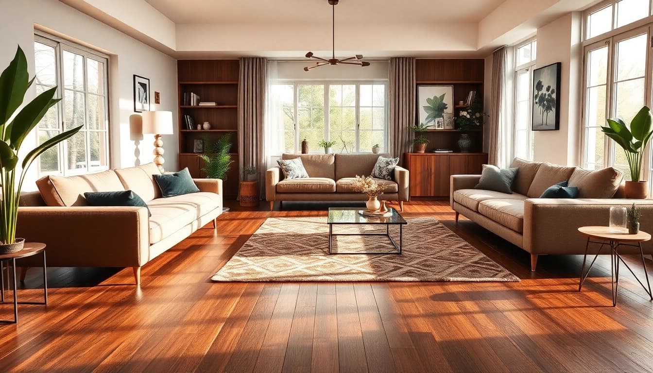 Discover a cozy living room with cheap vinyl flooring, showcasing warmth and modern style.
