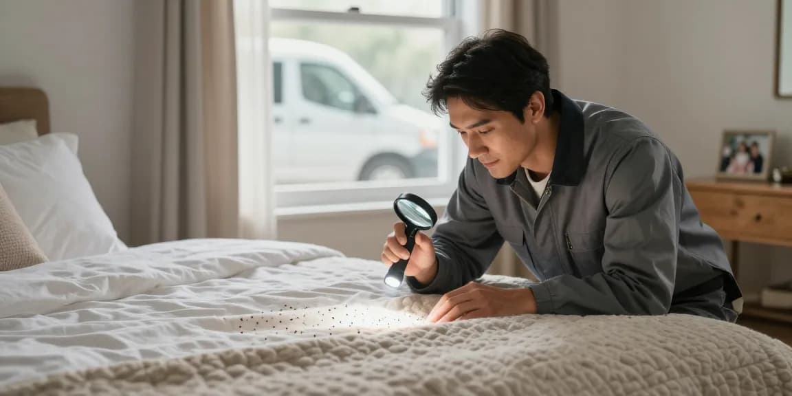 Expert inspecting bed for bed bug control in a cozy bedroom