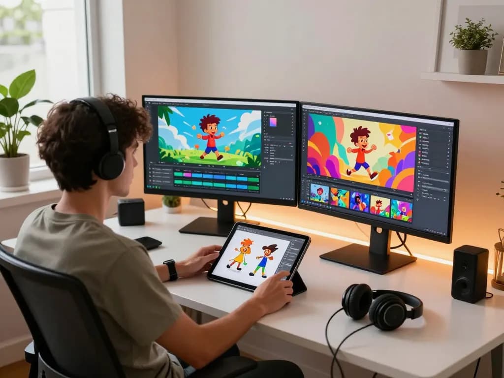 Digital artist working on video generation with kling 2.25 in a modern workspace.