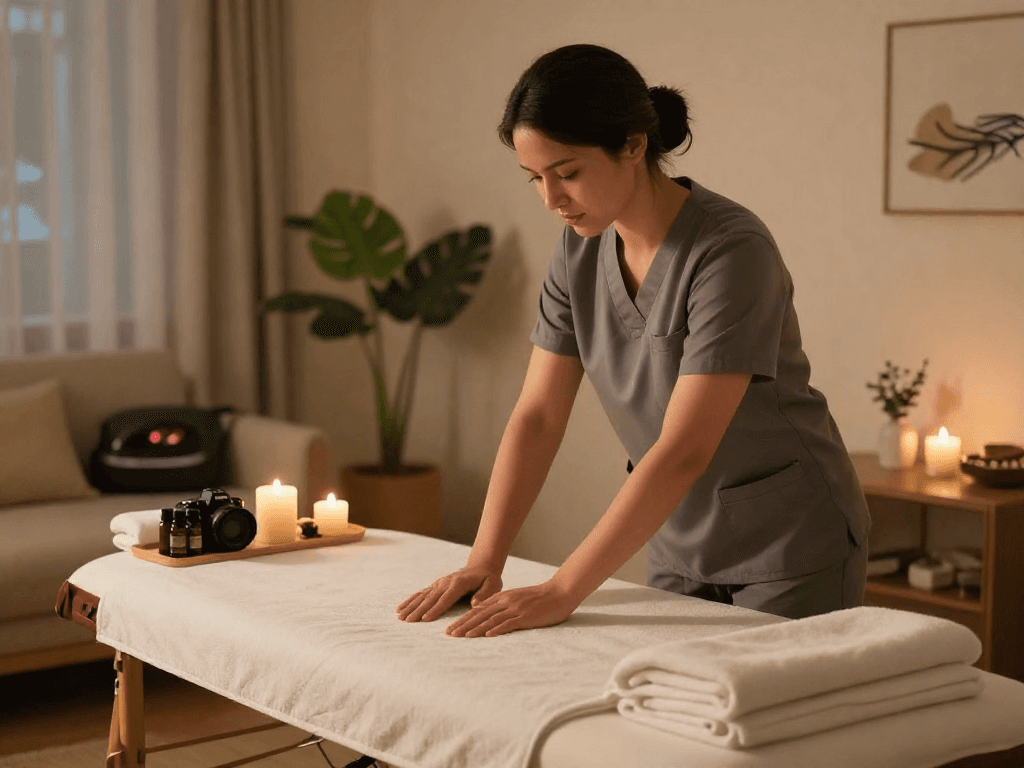 광명출장마사지 service preparation in a calming home environment with a professional therapist, soothing atmosphere.