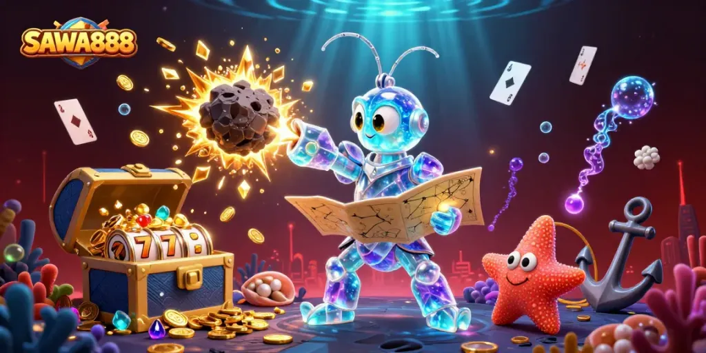 SAWA888 arcade gaming adventure with a galactic mantis shrimp amidst fantasy treasures.