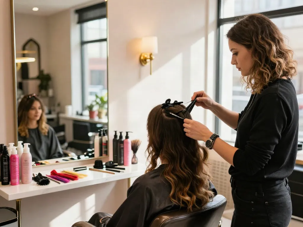 Transforming a client's look with human hair clip in extensions in a stylish beauty salon.