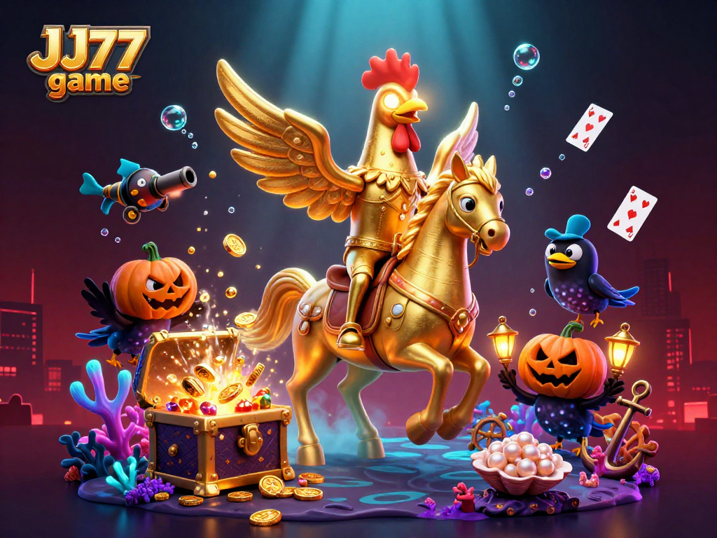 Engage with the thrilling JJ77 game experience, showcasing a golden rooster in a casino adventure.