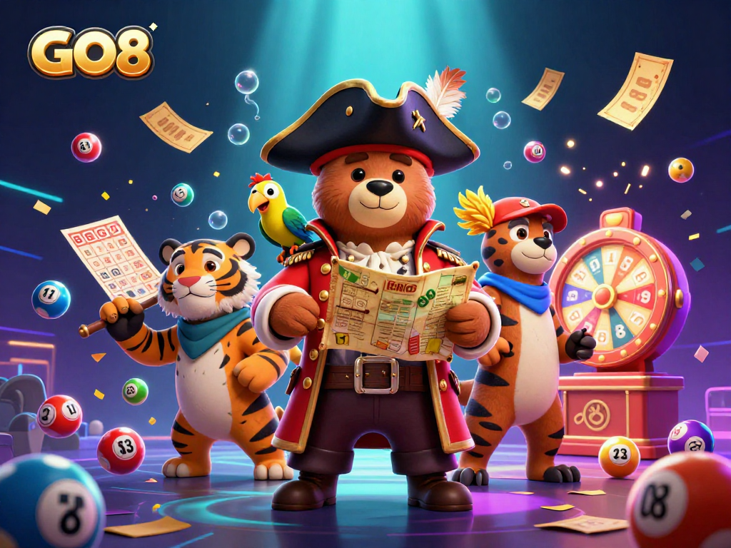 Experience epic gaming with GO8 as pirate captain bear leads the treasure hunt in a vibrant casino world.