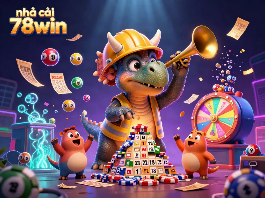 A colorful celebration of gambling activities with nhà cái 78win featuring cheerful characters building poker chip towers amidst vibrant lottery elements.