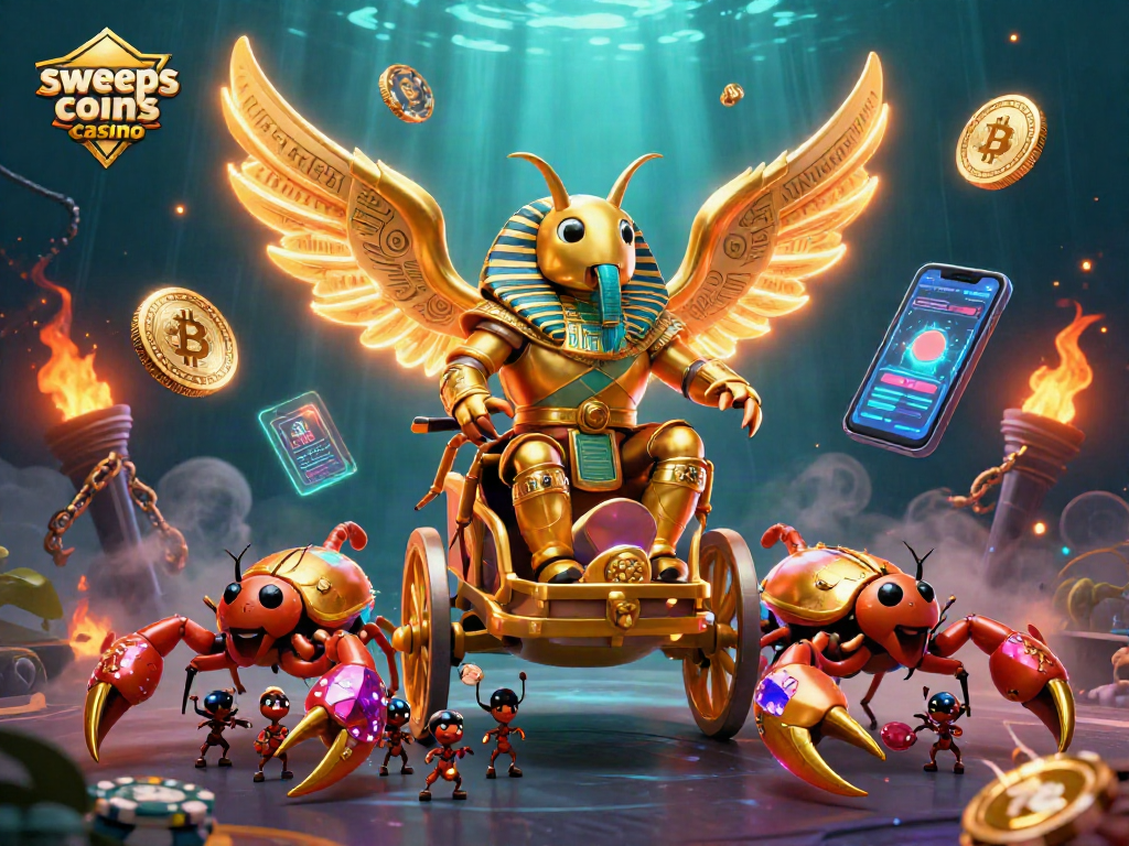 Engage in the sweeps coins casino experience with vibrant characters and crypto elements in a dynamic scene.