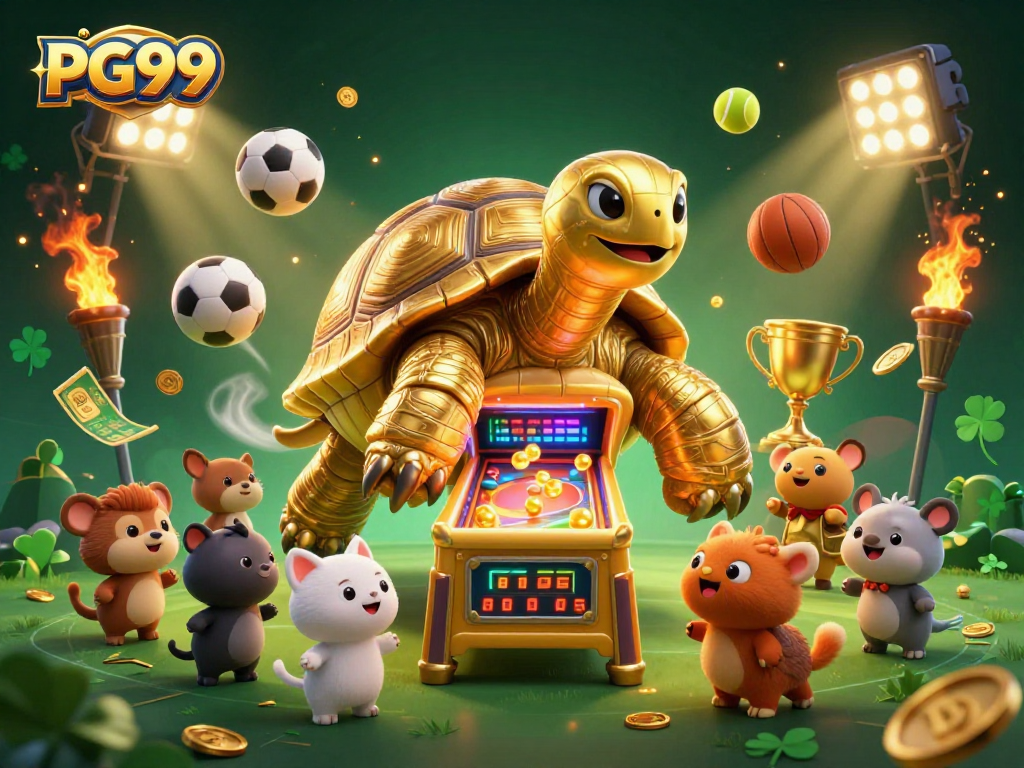 Engage with PG99's thrilling gaming experience featuring golden tortoise and sports elements.