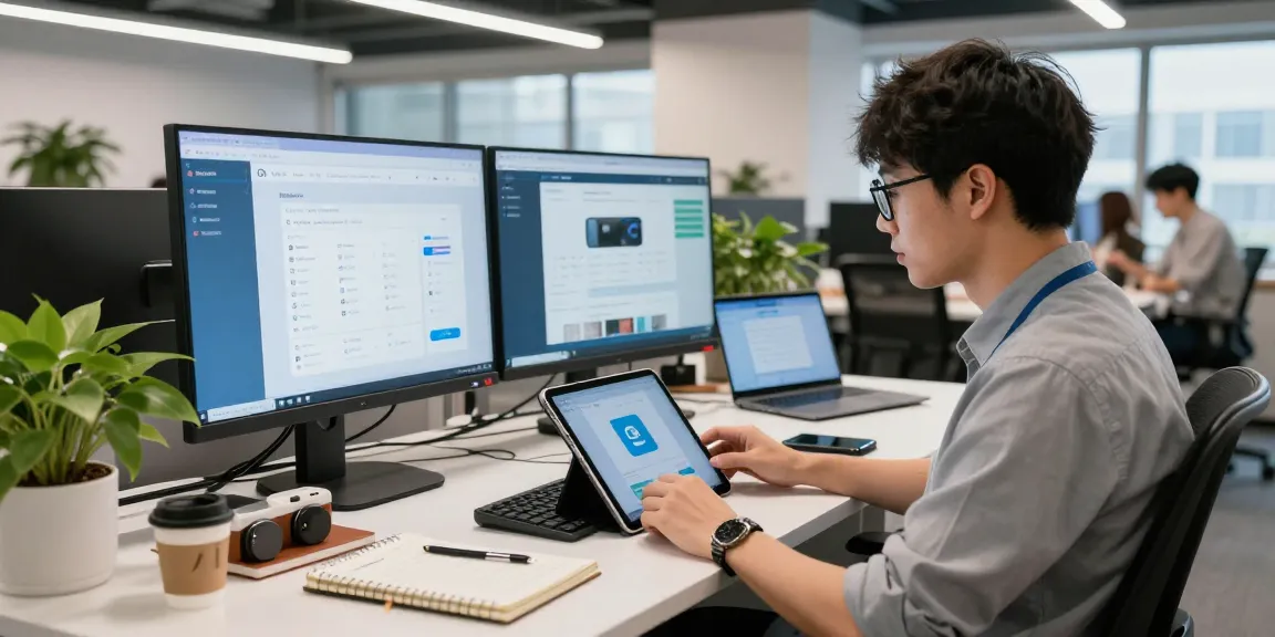 使用爱思助手官网管理iOS设备的年轻专业人士在现代工作空间中,显示友好界面。