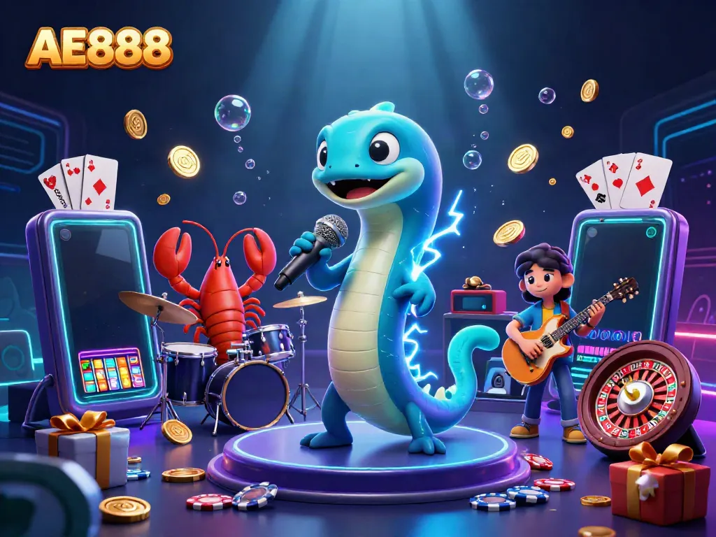 Experience AE888 casino thrilling entertainment with a vibrant underwater stage scene featuring unique characters.
