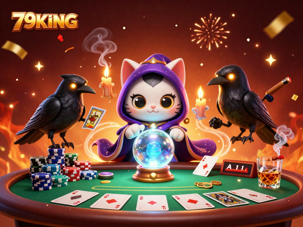 79KING inspires thrilling gameplay with a fortune teller cat and poker elements in a vibrant casino scene