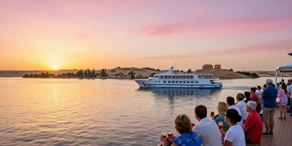 Luxury Lake Nasser Cruise at sunset with travelers enjoying the serene waters.