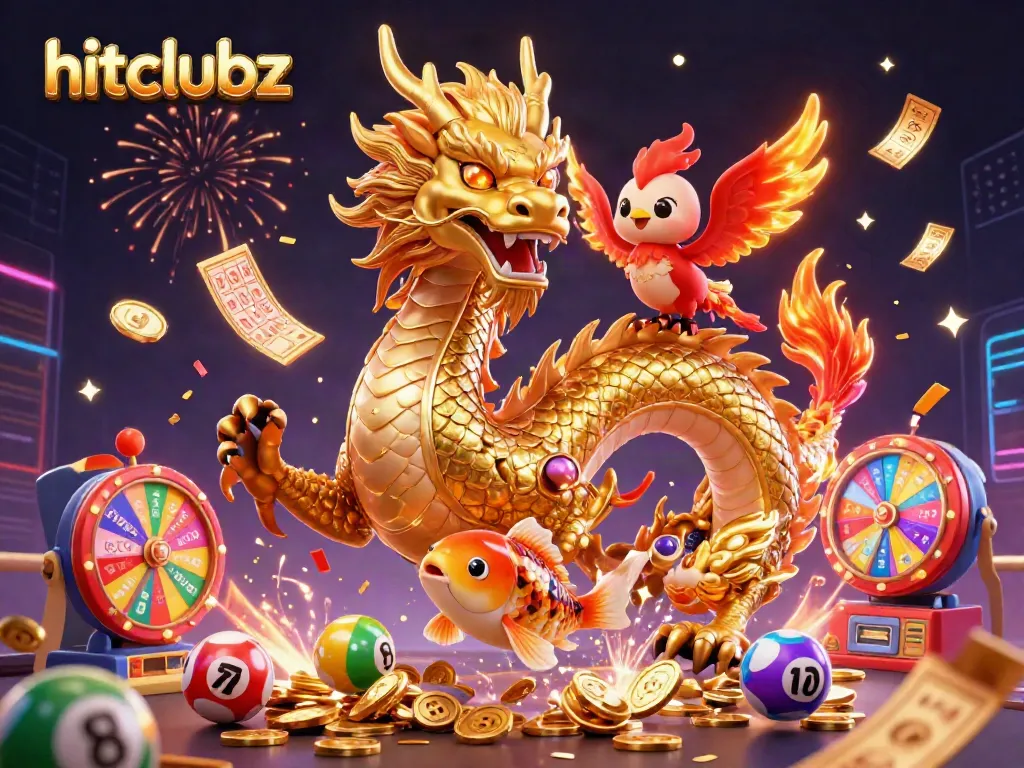 Experience thrilling wins at hitclubz with dynamic lottery balls, confetti, and casino elements.