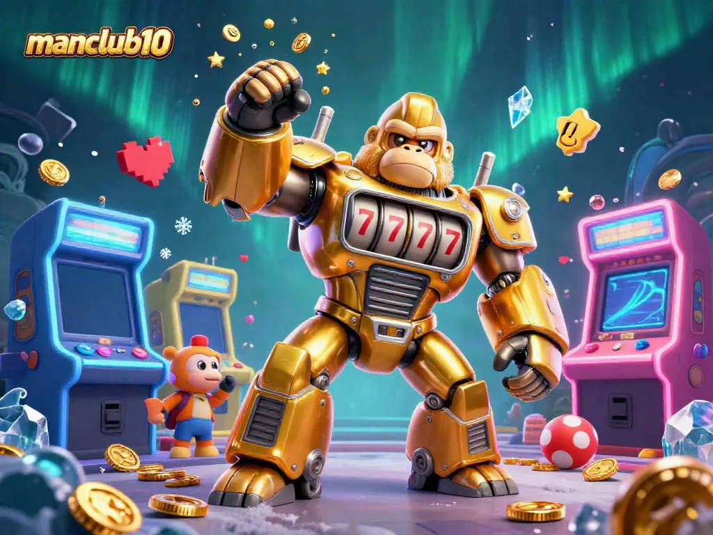 Experience the manclub10 arcade with a golden gorilla mech, bright game machines, and coin explosions.