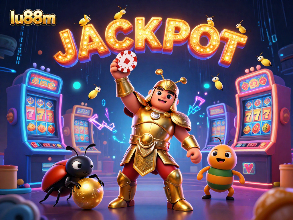 Experience the excitement of winning at lu88m with a vibrant 3D casino illustration showcasing a victorious beetle and slot machines.