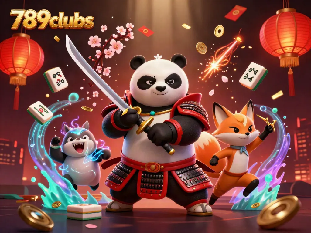 Experience thrilling gaming at 789clubs with this dynamic illustration showcasing samurai panda and ninja fox.