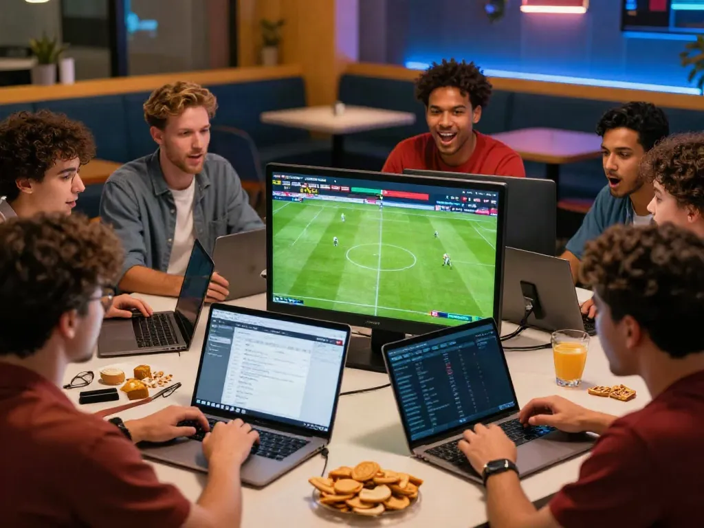 Engaged sports betting enthusiasts analyzing odds and matches at debet.gb.net in a modern lounge.