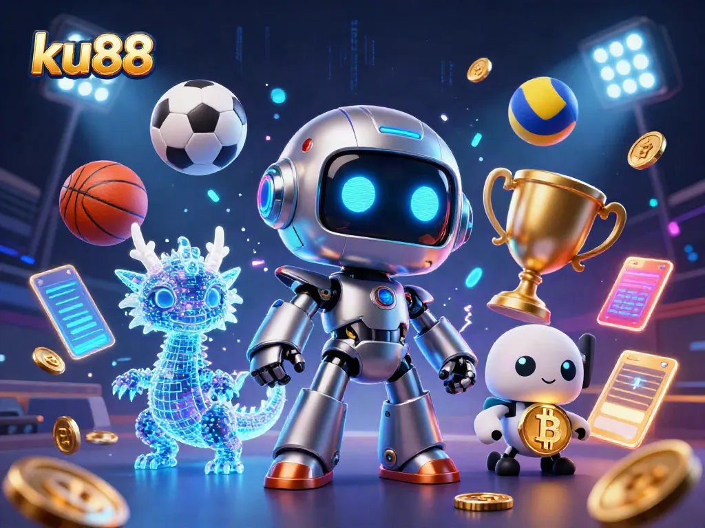 Experience gaming excitement with ku88's vibrant 3D illustration showcasing a cyberpunk mascot and sports elements.