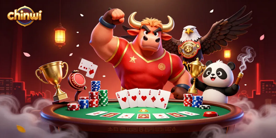 Engage with chinwi through a vibrant casino scene featuring a victorious bull mascot and trophy elements.
