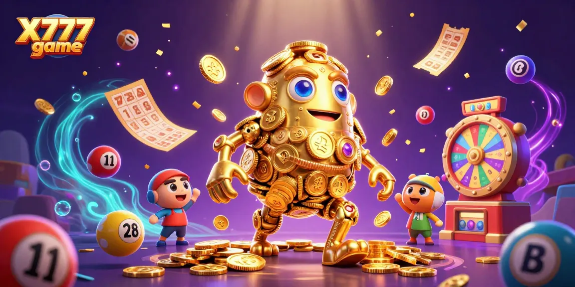 Experience the thrilling X777 game with vibrant casino elements and a golden golem.