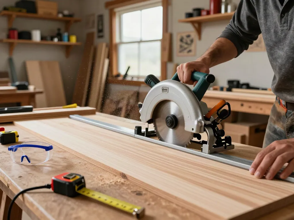 Circular saw guide rail in action during precise woodworking cuts in a home workshop.