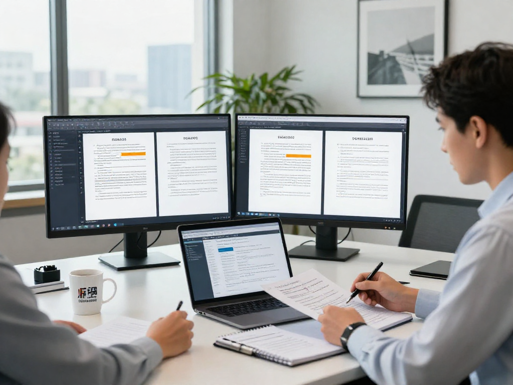 Compliance expert performing document fraud detection analysis in a modern office environment.