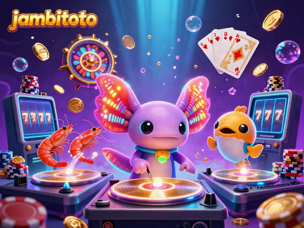 Engage in thrilling gameplay at Jambitoto with neon-themed casino elements and vibrant characters.