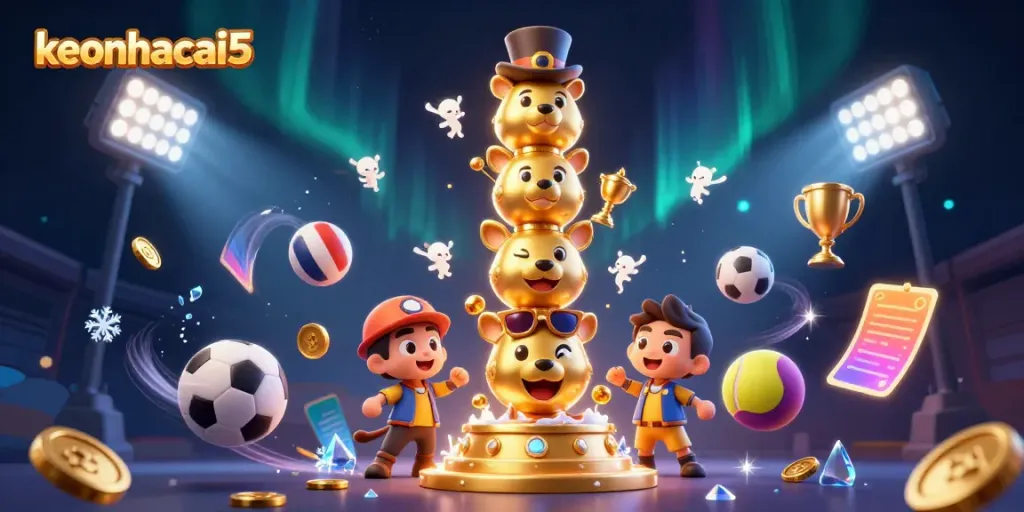 Engaging scene of keonhacai5 showcasing vibrant sports betting elements in a dynamic 3D cartoon illustration.