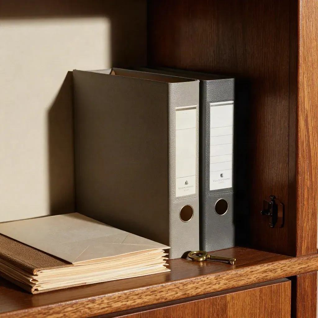Archive boxes, ledger, sealed envelopes, and a brass key beside a cabinet.