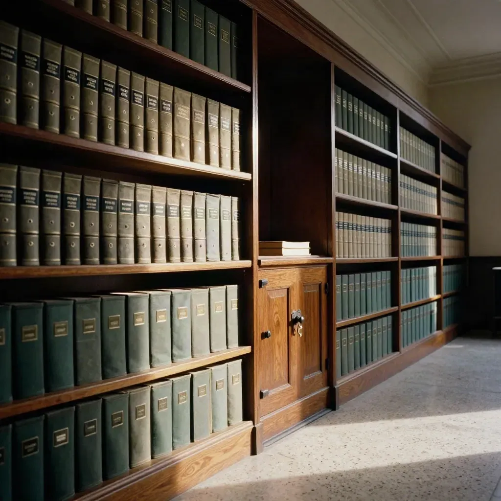 Dim fiduciary records room with books, archive boxes, and a dark-wood cabinet in dust-lit shadow