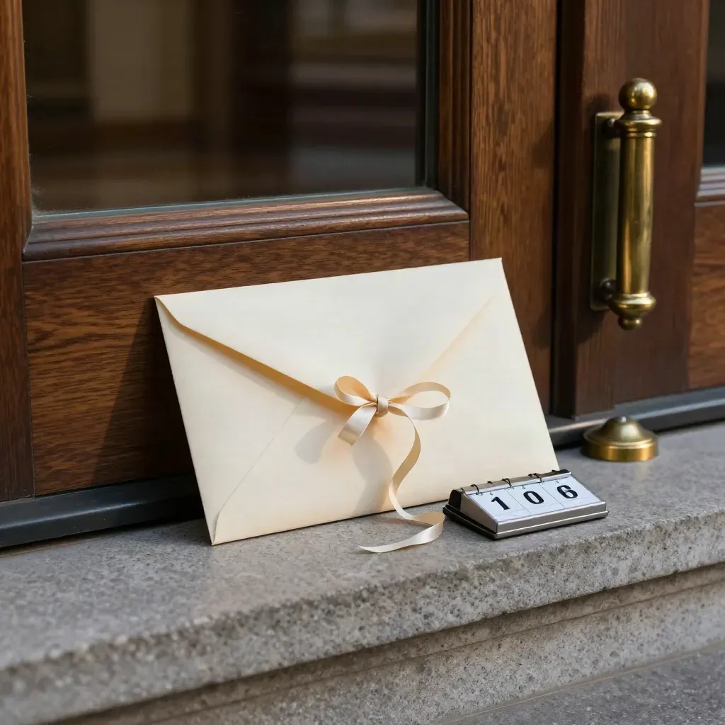 Probate packet, ribboned envelope, calendar blocks and brass handle on a courthouse stone ledge.