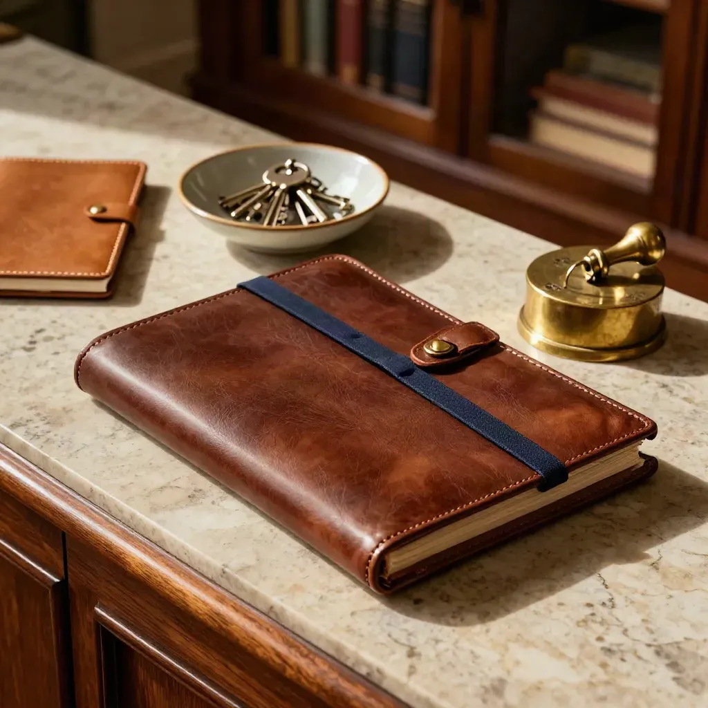Leather folio, address book, keys, and brass paperweight on travertine in warm light.