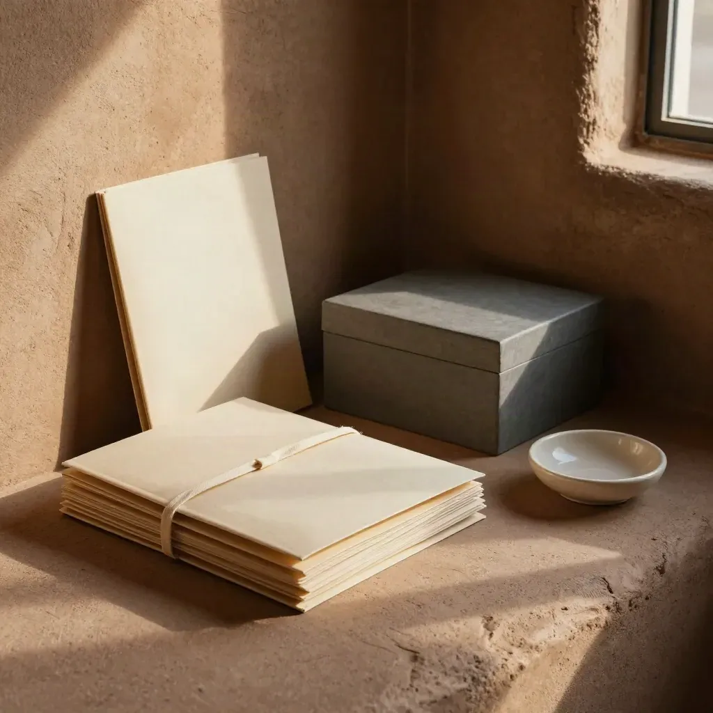 Sealed probate folders and a clay document box in a Tucson adobe office niche with warm window light.