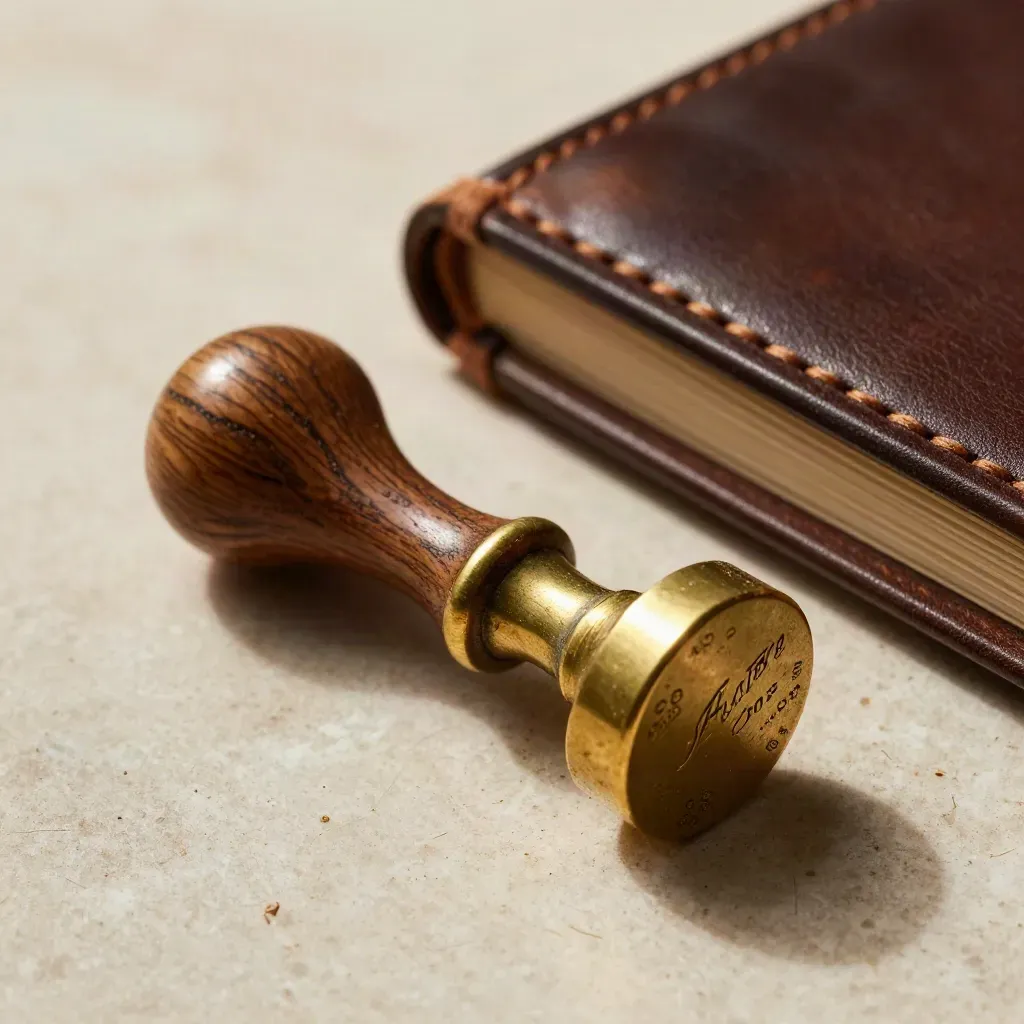 Brass trust seal, walnut cabinet knob, and leather ledger on pale travertine.