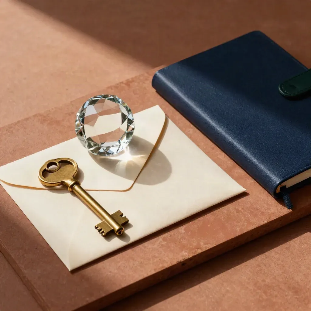 Brass key, glass paperweight, folded envelope, and navy notebook on terracotta surface.