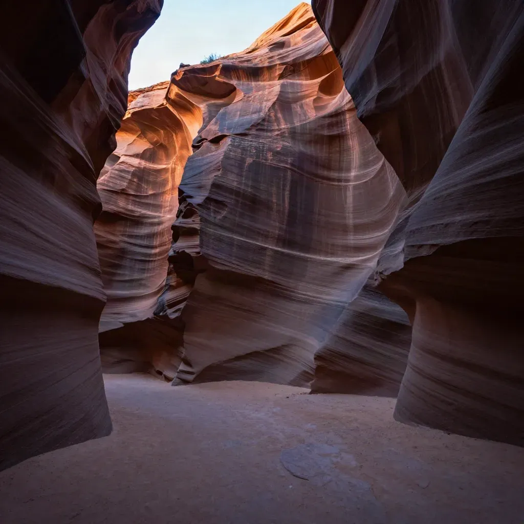 Sunlit Utah slot canyon with calm stone floor and a thin strip of sky