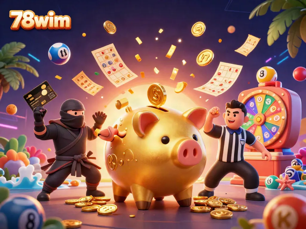 Engage with 78wim's vibrant casino scene featuring a sumo wrestler, ninja, and samurai amidst energetic lottery elements.