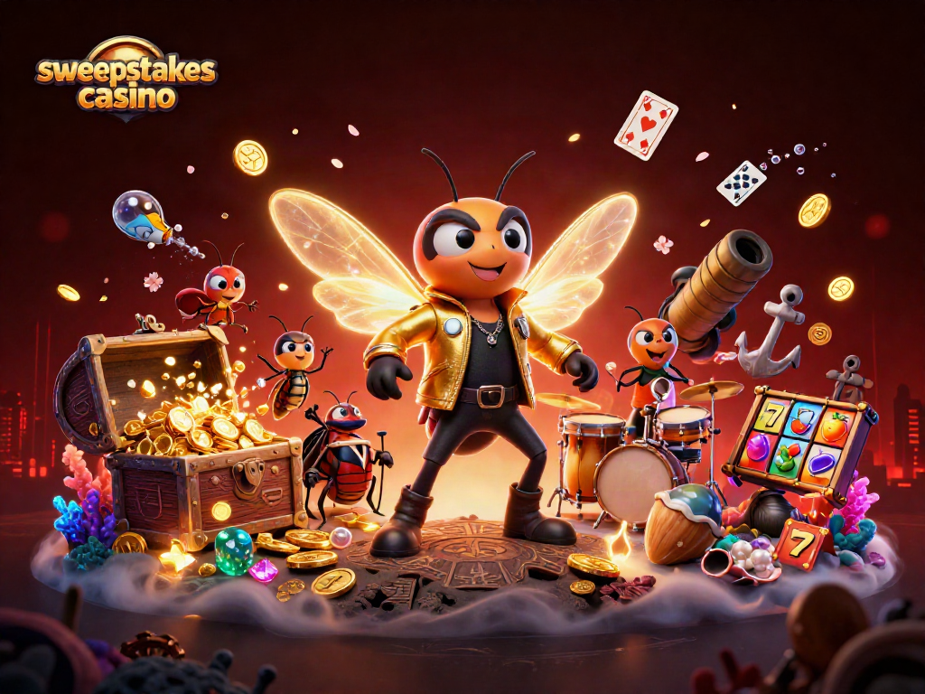 Sweepstakes casino illustration featuring a vibrant rock star cicada with a beetle drummer, surrounded by gold coins and colorful gems.