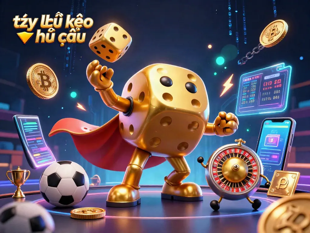 Bet and win with tỷ lệ kèo nhà cái showcased in this 3D illustration of golden dice and sports elements.