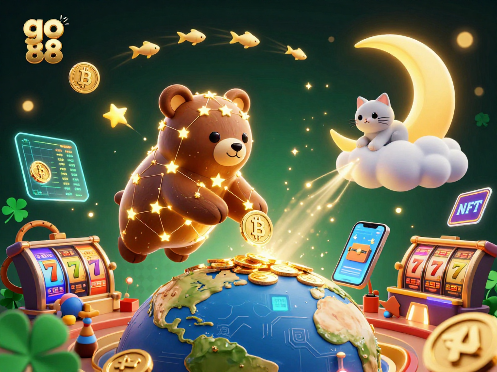 Experience go 88's exciting jackpots with a vibrant 3D casino scene featuring shooting stars and golden coins.