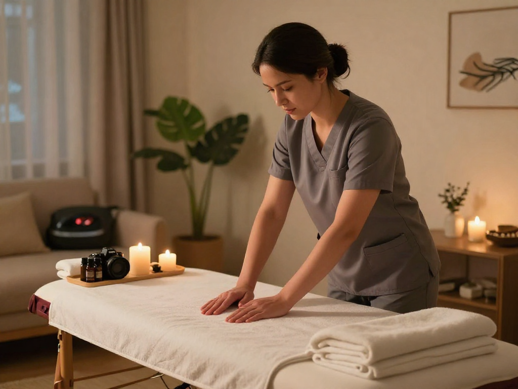 광명출장마사지 service preparation in a calming home environment with a professional therapist, soothing atmosphere.