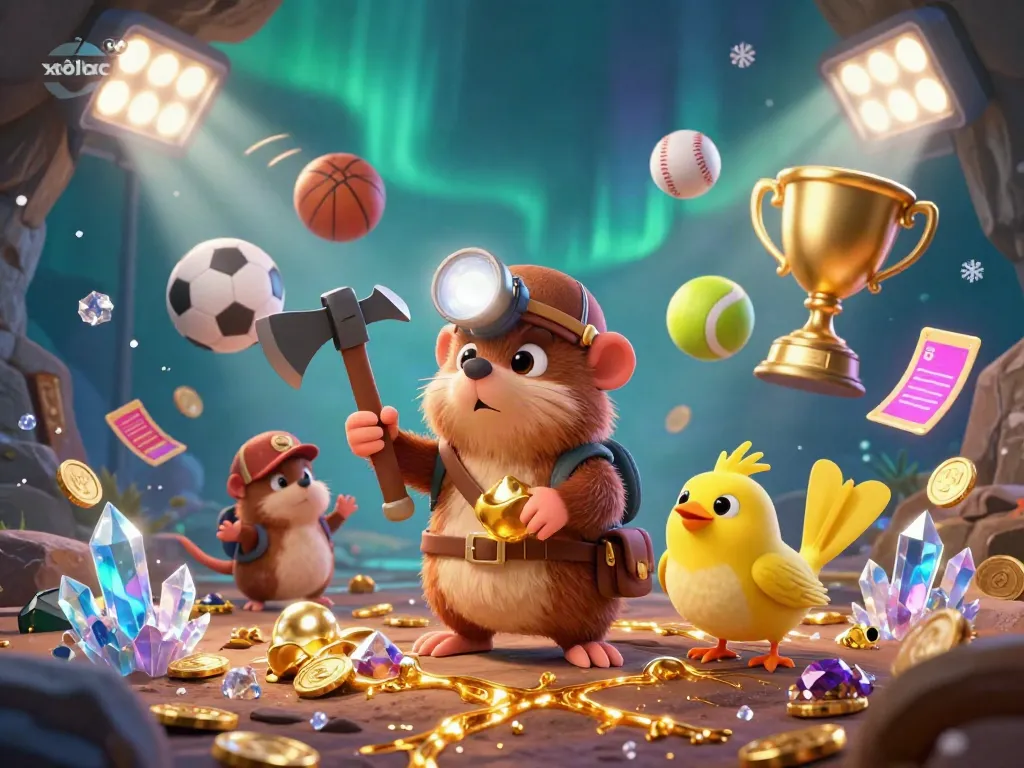Engage with the vibrant xôilac tv scene, featuring a treasure hunter mole with sports elements dynamically amidst glowing treasures.