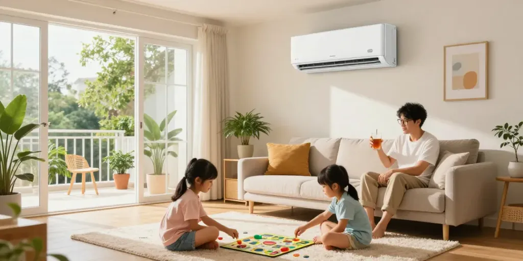 Family enjoying comfort from ductless air conditioner mini in a cozy living room.