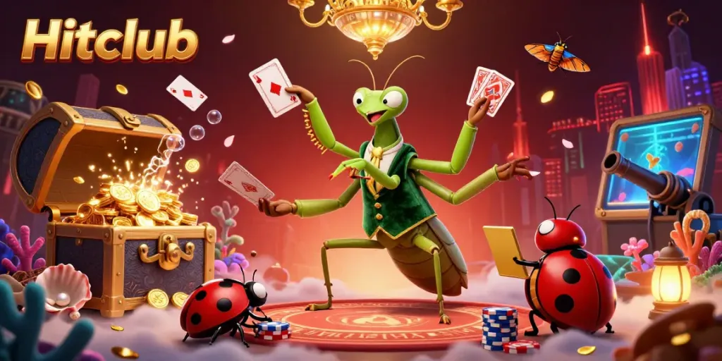 Join the Hitclub with a vibrant casino scene, featuring a mantis card sharp and ladybug pit boss, rich in gambling elements.